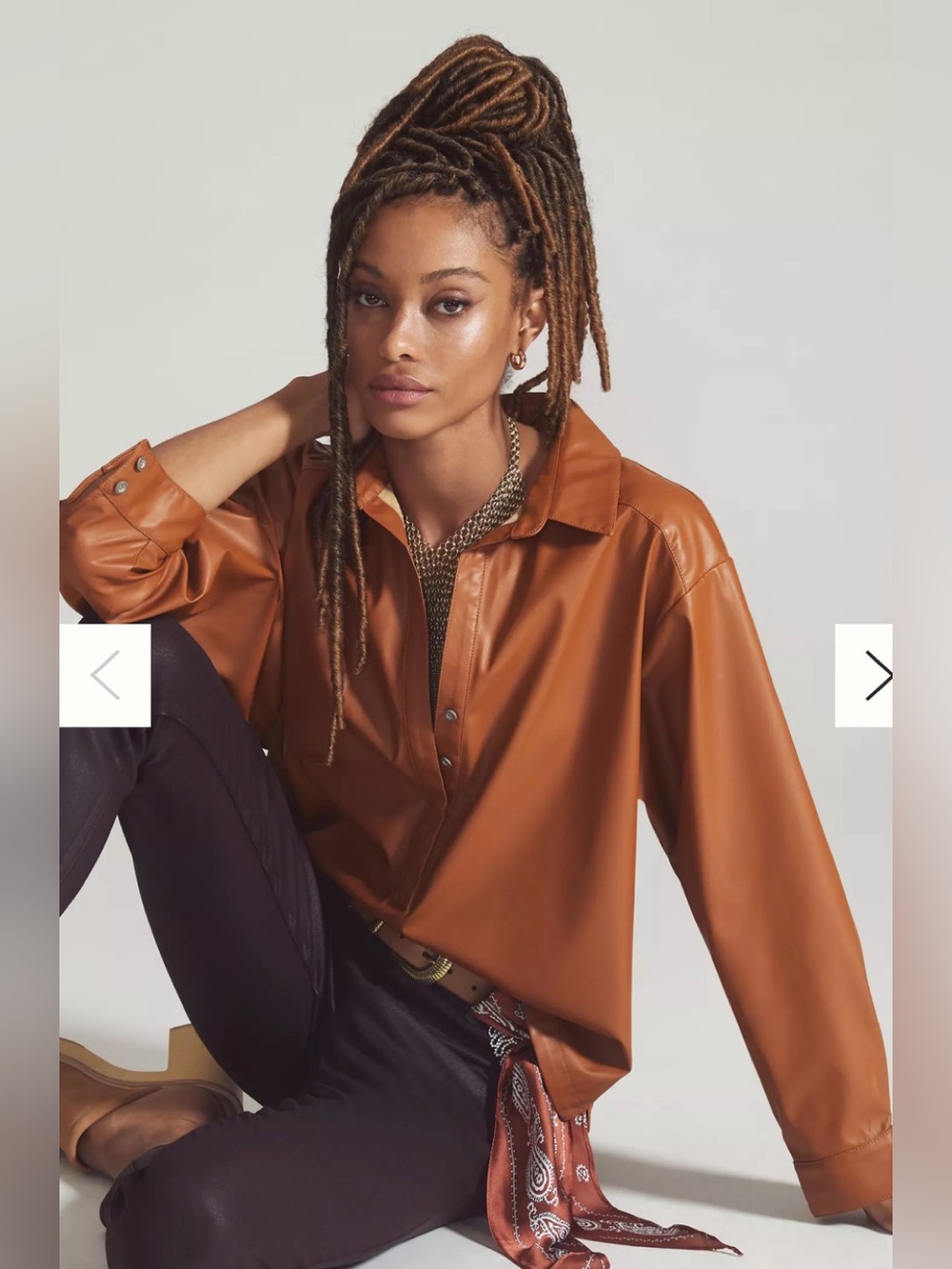 Anthropologie Faux Leather Split Collar Long Sleeve Shirt SZ S Cognac Brown